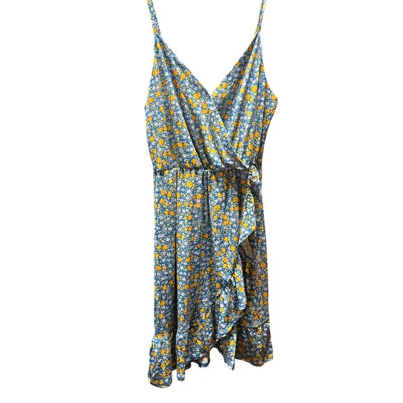 Floral Wrap Summer Dress By Kaileigh Small Petite Blue & Yellow Sleeveless - Picture 1 of 4